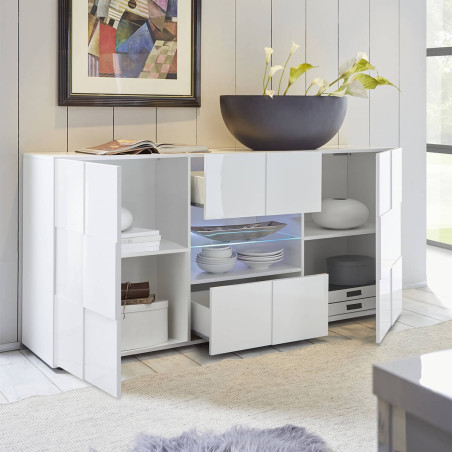 Buffet 2 Portes 2 Tiroirs Blanc Laqué Relief Damiers et Leds - REBENA