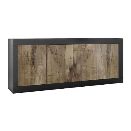 Buffet 4 portes noir mat aspect bois antik - OTELIA