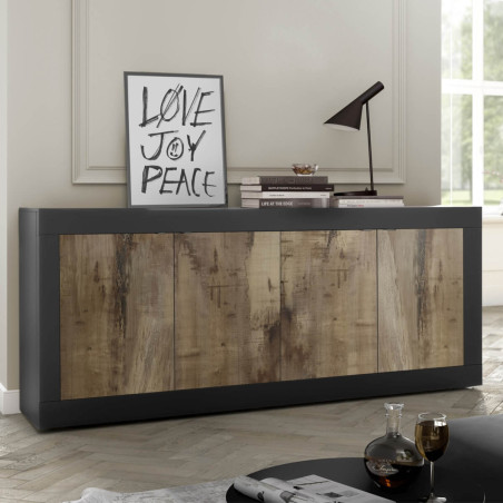 Buffet 4 portes noir mat aspect bois antik - OTELIA