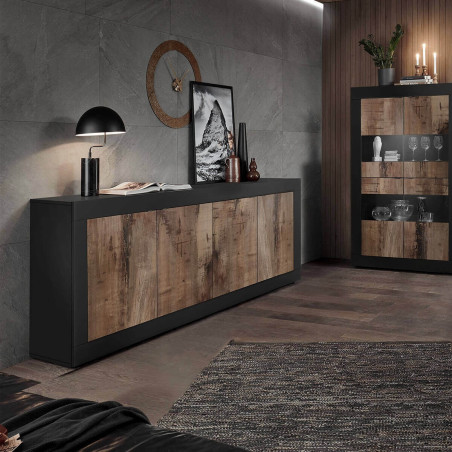 Buffet 4 portes noir mat aspect bois antik - OTELIA
