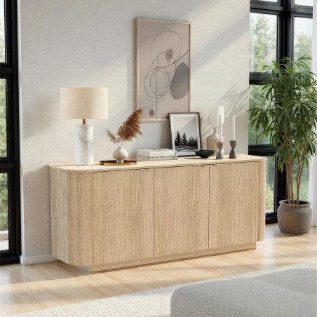 Buffet 3 portes aspect chêne clair design coins arrondis - ADILLOR