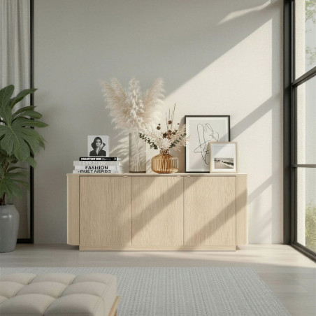 Buffet 3 portes aspect chêne clair design coins arrondis - ADILLOR