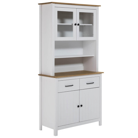 Buffet haut 4 portes 2 tiroirs bois ciré et blanc - TINIO
