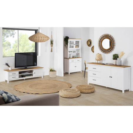 Buffet haut 4 portes 2 tiroirs bois ciré et blanc - TINIO