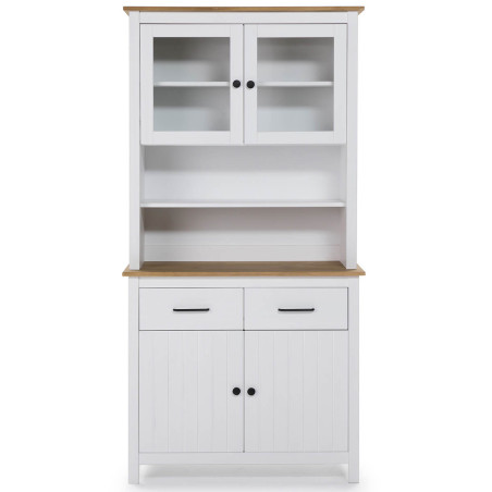 Buffet haut 4 portes 2 tiroirs bois ciré et blanc - TINIO