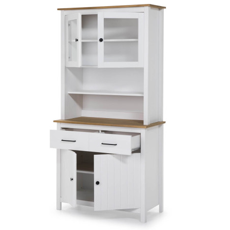Buffet haut 4 portes 2 tiroirs bois ciré et blanc - TINIO