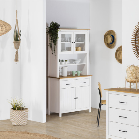 Buffet haut 4 portes 2 tiroirs bois ciré et blanc - TINIO