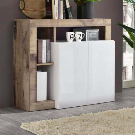 Buffet 2 portes blanc laqué niches bois antik - ARTIRA