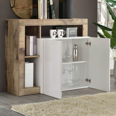 Buffet 2 portes blanc laqué niches bois antik - ARTIRA
