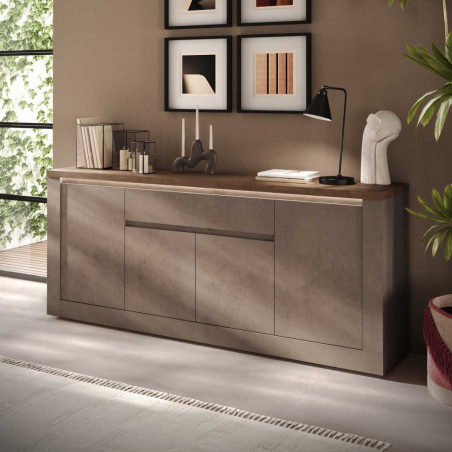 Buffet 4 portes 1 tiroir aspect minéral bronze plateau bois Mercure - ISALIOR