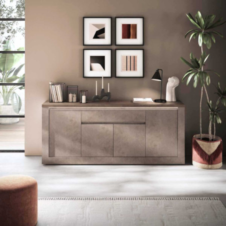 Buffet 4 portes 1 tiroir aspect minéral bronze plateau bois Mercure - ISALIOR