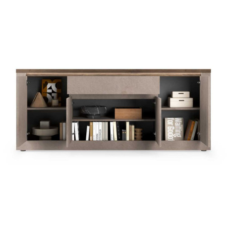 Buffet 4 portes 1 tiroir aspect minéral bronze plateau bois Mercure - ISALIOR