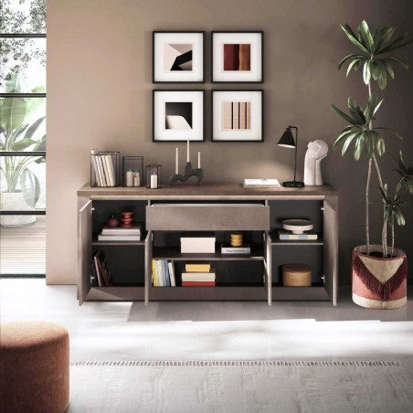 Buffet 4 portes 1 tiroir aspect minéral bronze plateau bois Mercure - ISALIOR