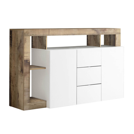 Buffet 2 portes 3 tiroirs blanc laqué niches bois vieilli - ARTIRA