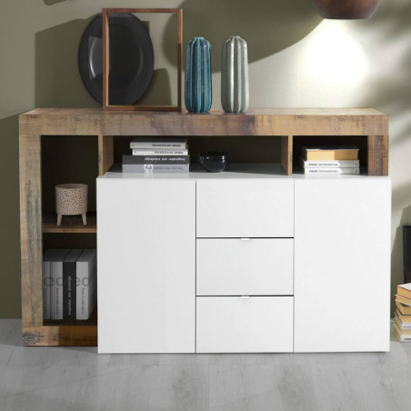 Buffet 2 portes 3 tiroirs blanc laqué niches bois vieilli - ARTIRA