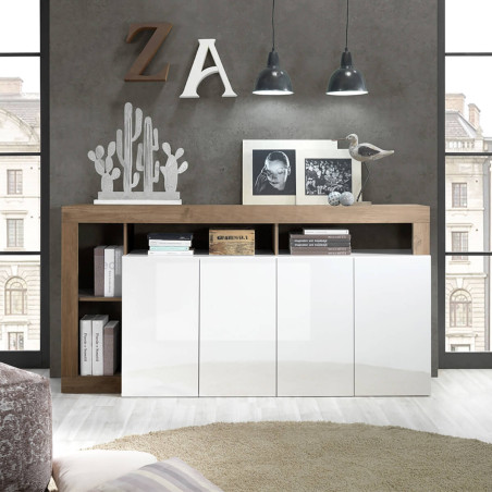 Buffet 4 portes blanc laqué encadrement niches chêne Mercure - ARTIRA
