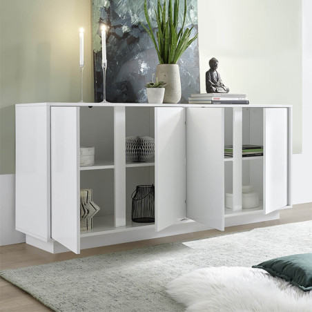 Buffet 4 portes blanc laqué brillant Weiss - LYSIRA