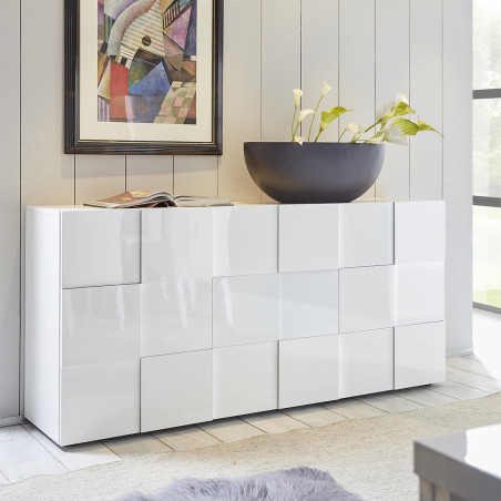 Buffet 3 portes blanc laqué relief damiers - REBENA