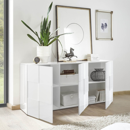 Buffet 3 portes blanc laqué relief damiers - REBENA