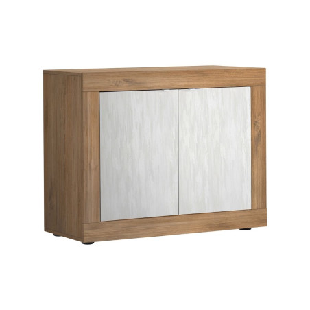 Buffet 2 portes aspect bois finition Mercure façades blanc texturées - OTELIA