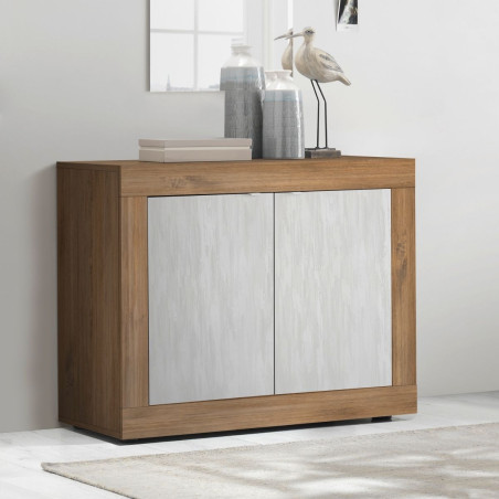 Buffet 2 portes aspect bois finition Mercure façades blanc texturées - OTELIA