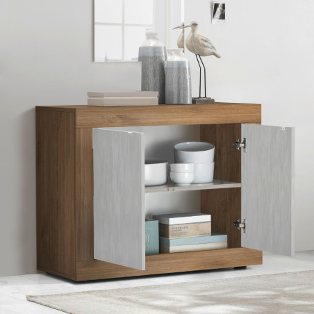 Buffet 2 portes aspect bois finition Mercure façades blanc texturées - OTELIA