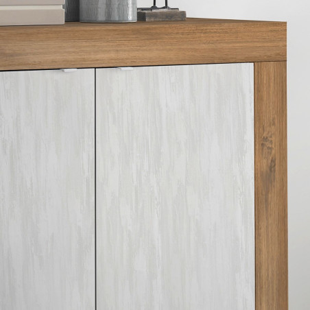 Buffet 2 portes aspect bois finition Mercure façades blanc texturées - OTELIA