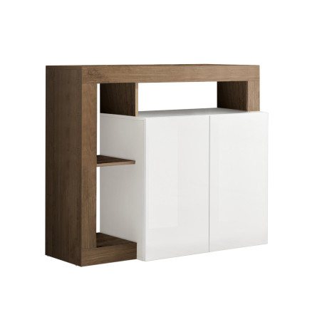 Buffet 2 portes blanc laqué, encadrement niches aspect chêne - ARTIRA
