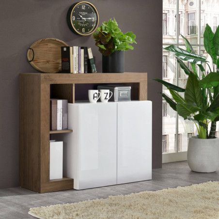 Buffet 2 portes blanc laqué, encadrement niches aspect chêne - ARTIRA