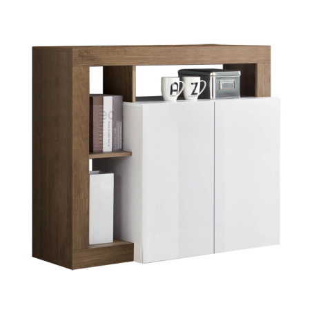 Buffet 2 portes blanc laqué, encadrement niches aspect chêne - ARTIRA