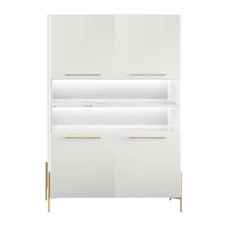 Buffet haut 4 portes laqué blanc plateau marbré + Leds - TARAC