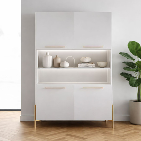 Buffet haut 4 portes laqué blanc plateau marbré + Leds - TARAC