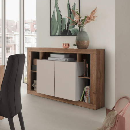 Buffet 2 portes et 5 niches beige et aspect bois finition Mercure - LIMANOR