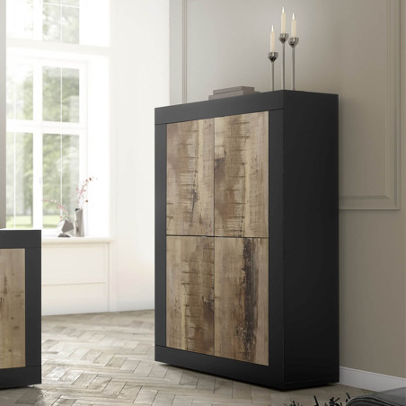 Rangement 4 portes noir mat et aspect bois Antik - OTELIA