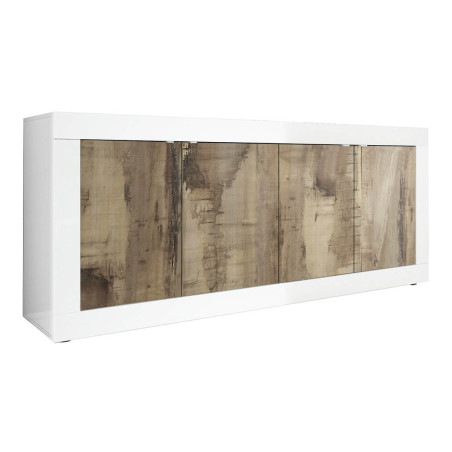 Buffet 4 portes blanc laqué et aspect bois antik - OTELIA