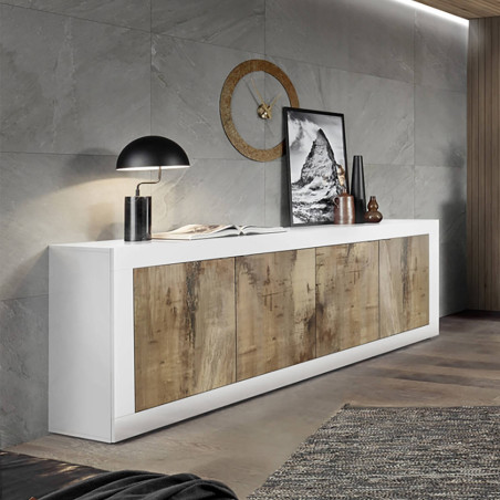 Buffet 4 portes blanc laqué et aspect bois antik - OTELIA