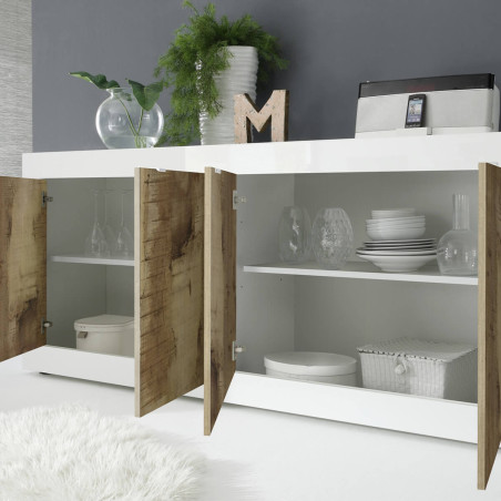 Buffet 4 portes blanc laqué et aspect bois antik - OTELIA