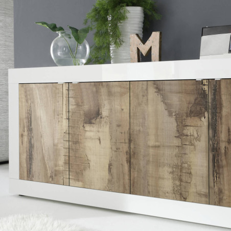 Buffet 4 portes blanc laqué et aspect bois antik - OTELIA