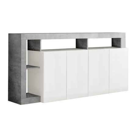 Buffet 4 Portes Blanc Laqué Encadrement Niches Aspect Cimento - ARTIRA