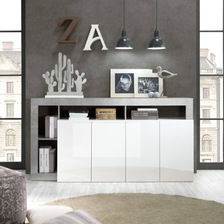 Buffet 4 Portes Blanc Laqué Encadrement Niches Aspect Cimento - ARTIRA