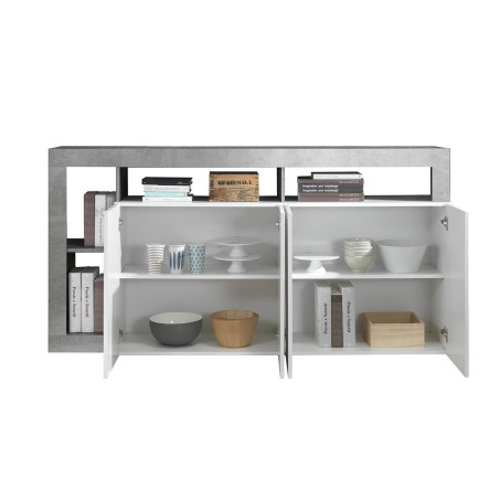 Buffet 4 Portes Blanc Laqué Encadrement Niches Aspect Cimento - ARTIRA
