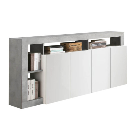 Buffet 4 Portes Blanc Laqué Encadrement Niches Aspect Cimento - ARTIRA