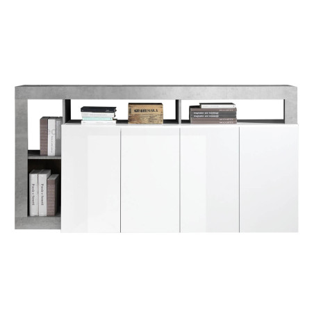 Buffet 4 Portes Blanc Laqué Encadrement Niches Aspect Cimento - ARTIRA