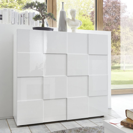 Meuble rangement 2 portes blanc laqué relief damier - REBENA