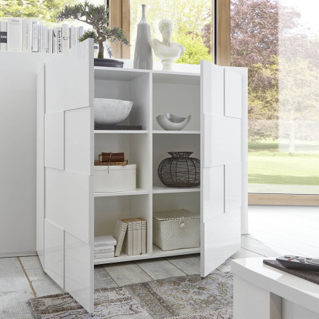 Meuble rangement 2 portes blanc laqué relief damier - REBENA