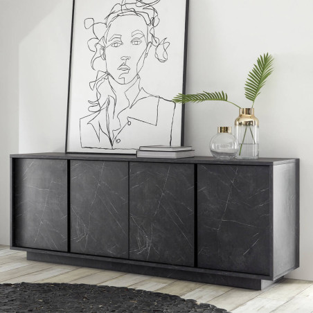 Buffet 4 portes aspect marbre gris anthracite - PIRANA