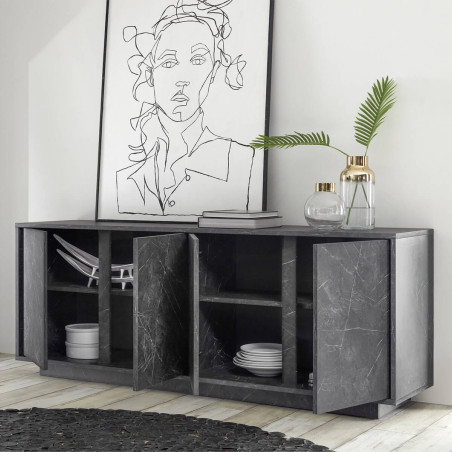 Buffet 4 portes aspect marbre gris anthracite - PIRANA