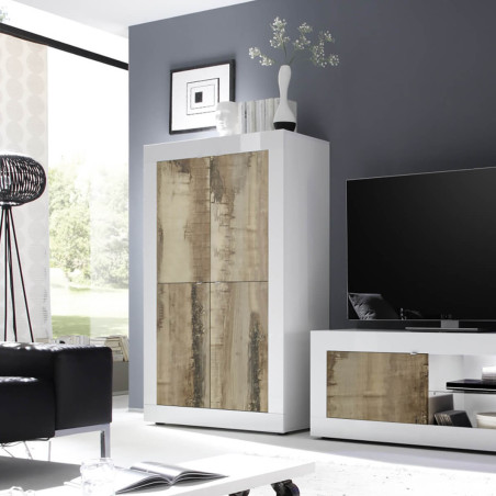 Rangement 4 Portes Blanc Laqué et Aspect Bois Antik - OTELIA
