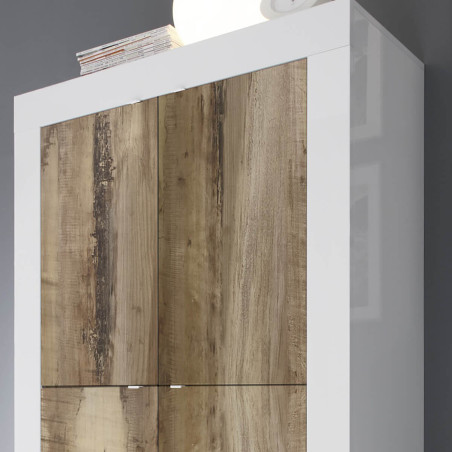 Rangement 4 Portes Blanc Laqué et Aspect Bois Antik - OTELIA