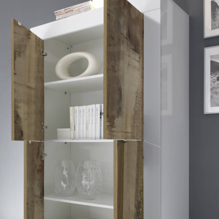 Rangement 4 Portes Blanc Laqué et Aspect Bois Antik - OTELIA